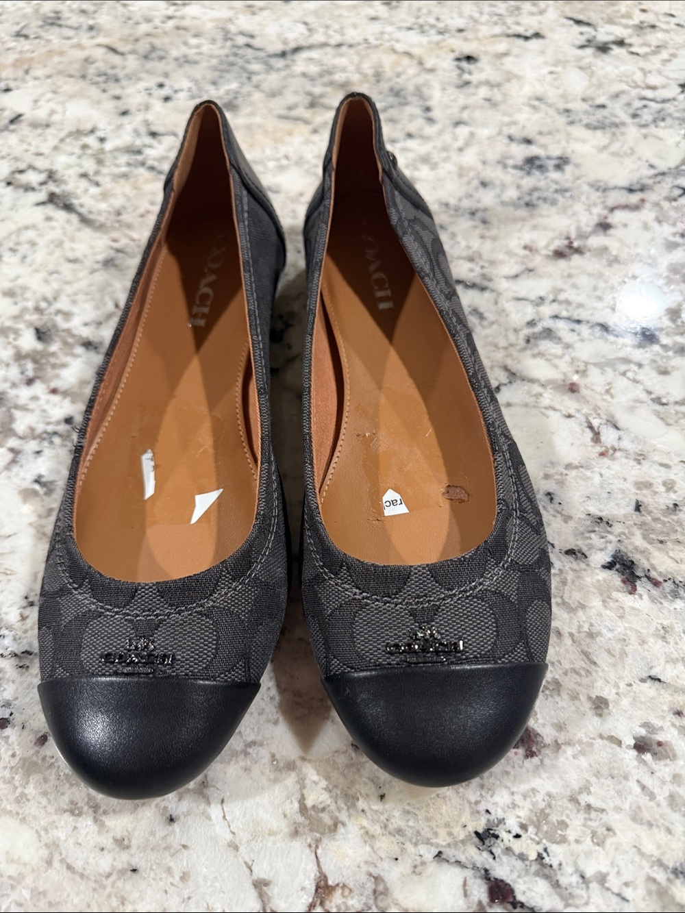 Coach Gray Signature Canvas Ballet Flats with Black Leather Cap Toe